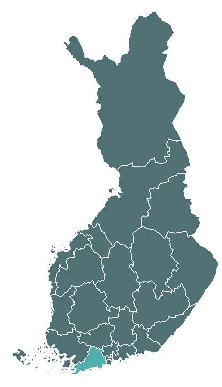 Suomen kartta, jossa Uusimaa korostettuna — kuljetukset Uudenmaan ja koko Suomen välillä molempiin suuntiin