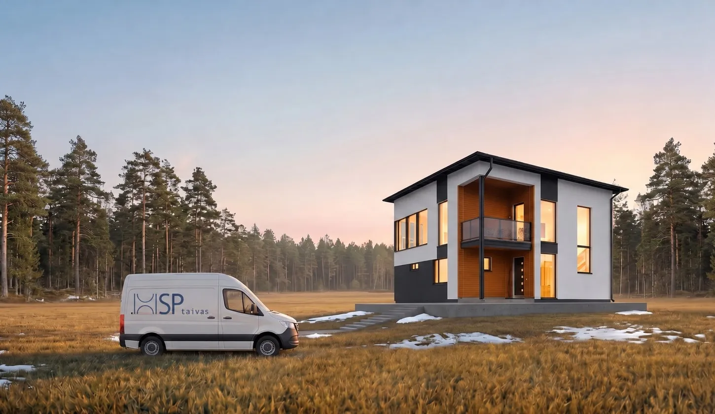 Muuttoauto modernin talon edustalla auringonlaskun aikaan